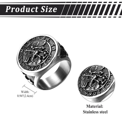 Boniskiss Michael Angel Ring for Men - Religious Amulet Signet Stainless Steel Band Ring