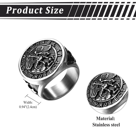 Boniskiss Michael Angel Ring for Men - Religious Amulet Signet Stainless Steel Band Ring