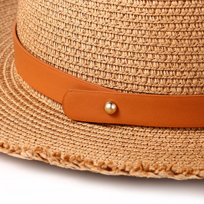 Sombrero de paja con cinturón retro para mujer de Boniskiss - Sombrero Panamá Fedora para el sol en la playa de verano con visera de rafia