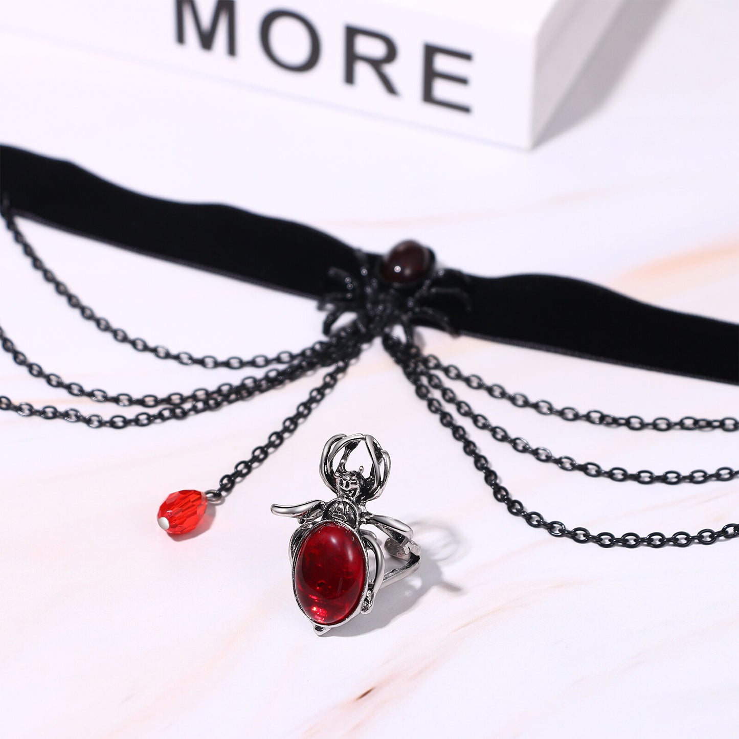 Boniskiss Women Tassel Spider Necklace Ring Set - Halloween Retro Gothic Red Crystal Pendant Necklace Ring Jewelry Set