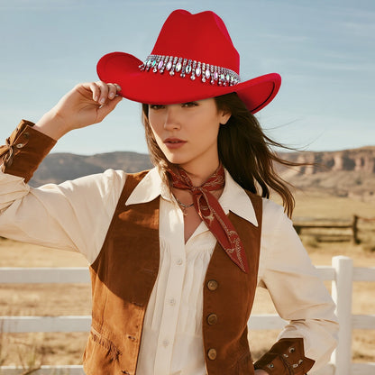 Retro Wide Brim Cowboy Hat with Rhinestone Chain Sparkly Western Hat - Boniskiss