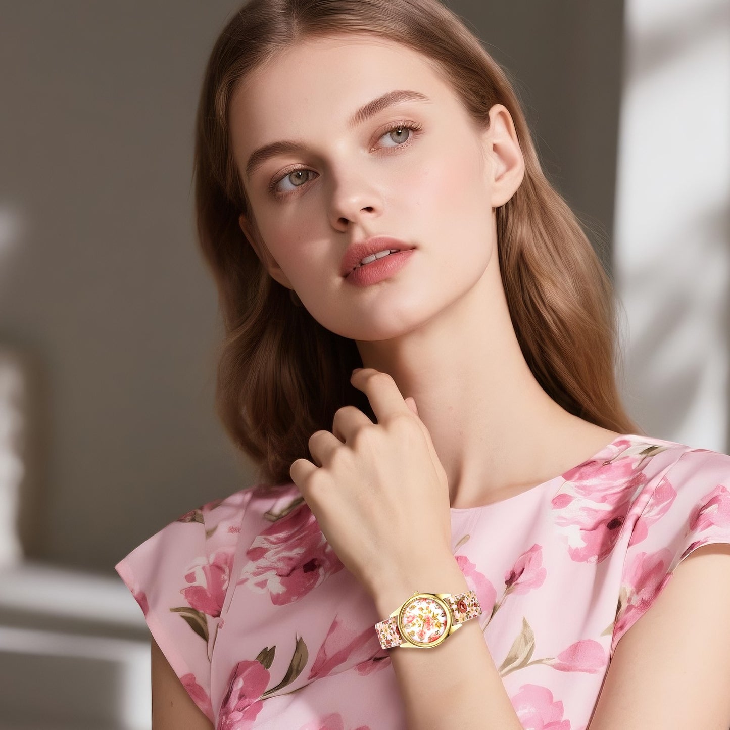 Boniskiss Slim Boho Flower Painting Wrist Watch - Floral Dial PU Band Analog Quartz Wrist Watch