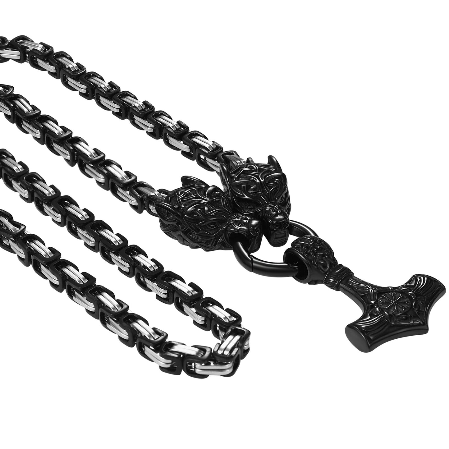 Mens Retro Viking Wolf Head Thor's Hammer Dangle Amulet Byzantine Chain Necklace