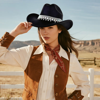 Retro Wide Brim Cowboy Hat with Rhinestone Chain Sparkly Western Hat - Boniskiss