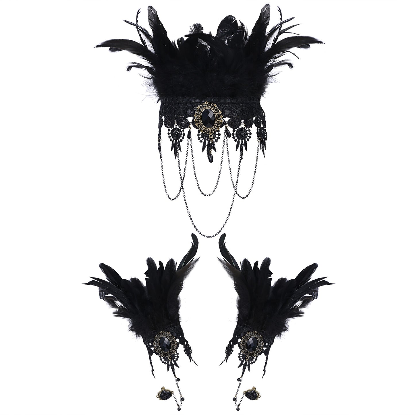 Boniskiss Women's Halloween Masquerade Gothic Lace Feather Tassels Leather Necklace Bracelet