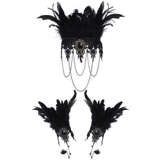 Boniskiss Women's Halloween Masquerade Gothic Lace Feather Tassels Leather Necklace Bracelet