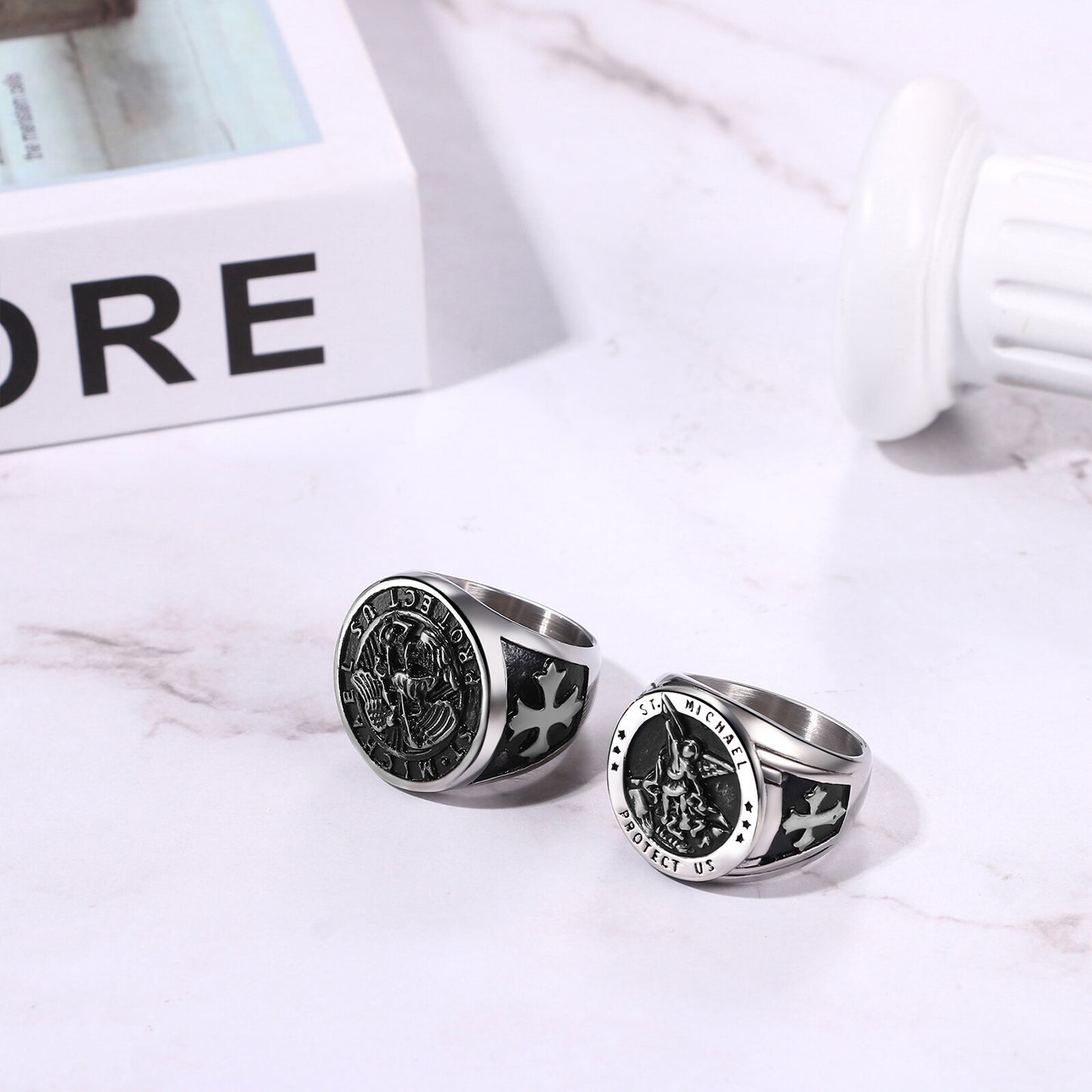 Boniskiss Michael Angel Ring for Men - Religious Amulet Signet Stainless Steel Band Ring