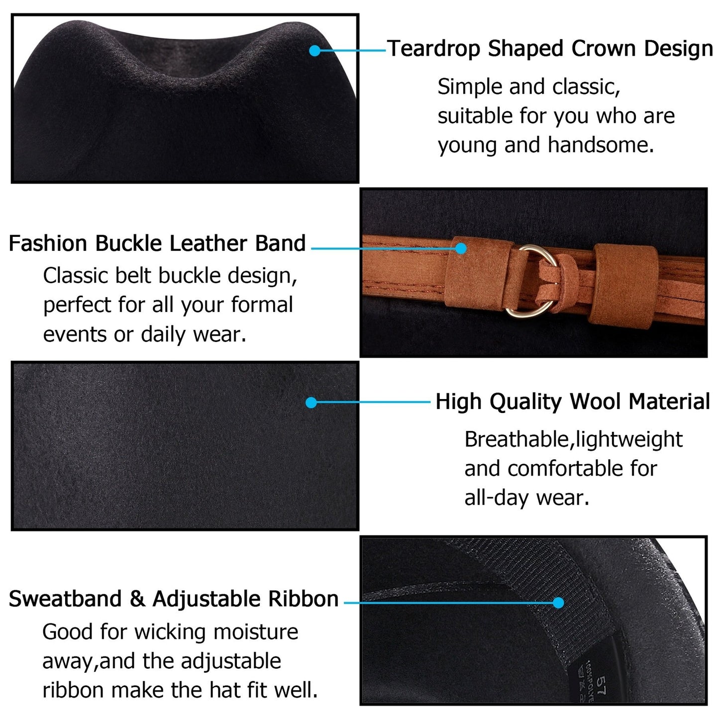 Classic Felt Fedora Hat Trilby Panama Hat Wide Brim with Leather Band - Boniskiss