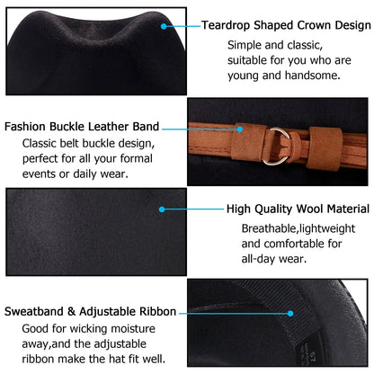 Classic Felt Fedora Hat Trilby Panama Hat Wide Brim with Leather Band - Boniskiss