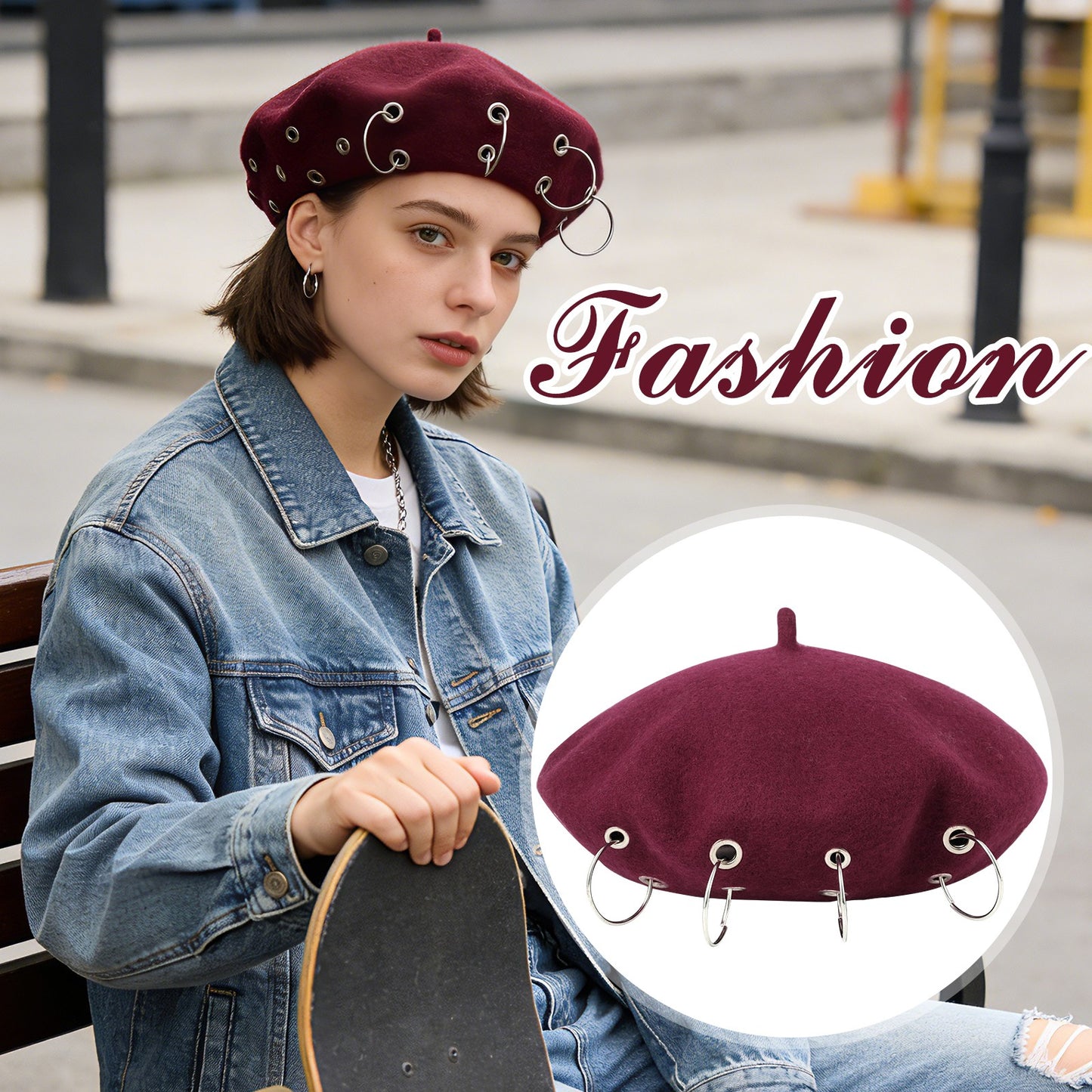 Boniskiss Punk Rock Beret Cap Ring Decor Womens Novelty Street Style