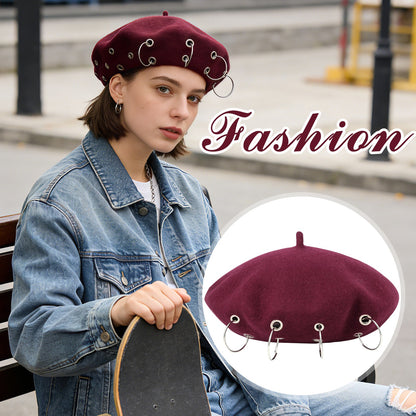 Boniskiss Punk Rock Beret Cap Ring Decor Womens Novelty Street Style