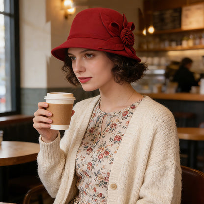 Boniskiss Vintage Elegant Flower Wide Brim Cloche Hat