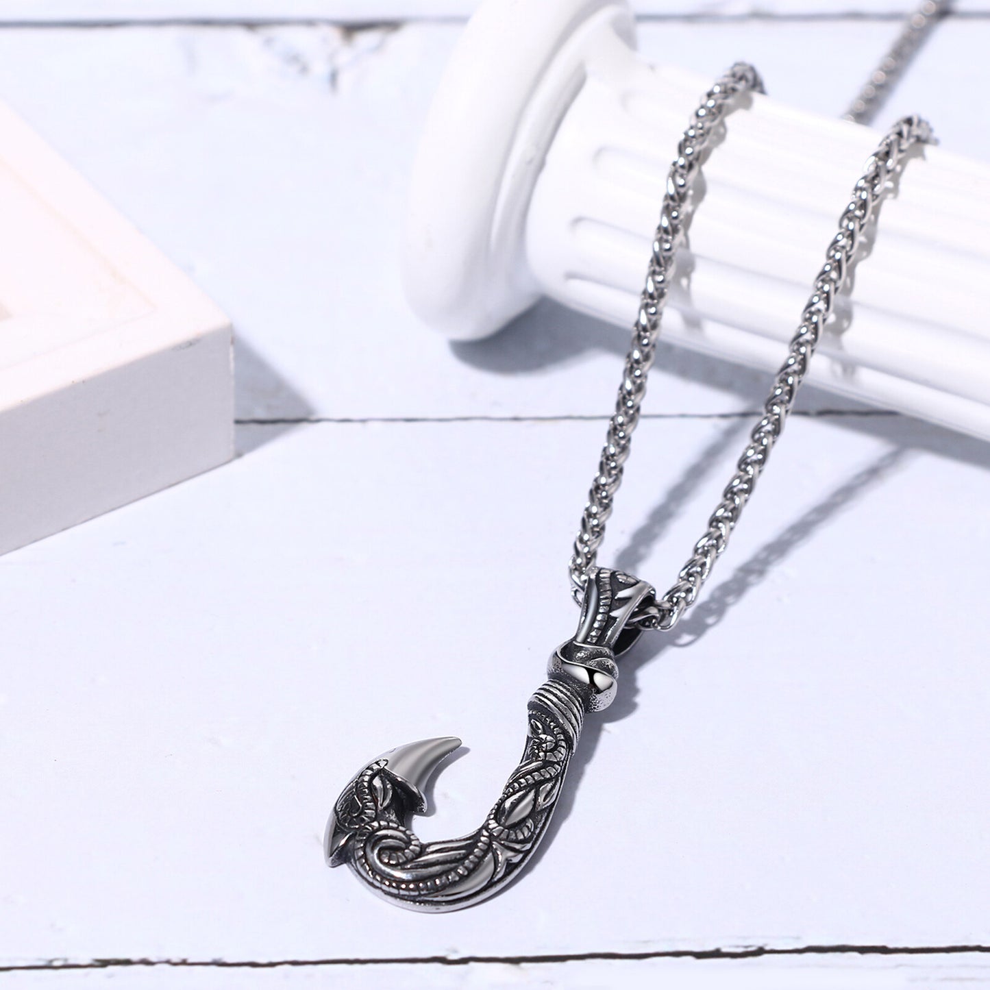 Boniskiss Men's Stainless Steel Lucky Fish Hook 3D Wave Pattern Casting Dangle Necklace Gift