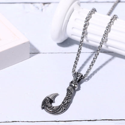 Boniskiss Men's Stainless Steel Lucky Fish Hook 3D Wave Pattern Casting Dangle Necklace Gift