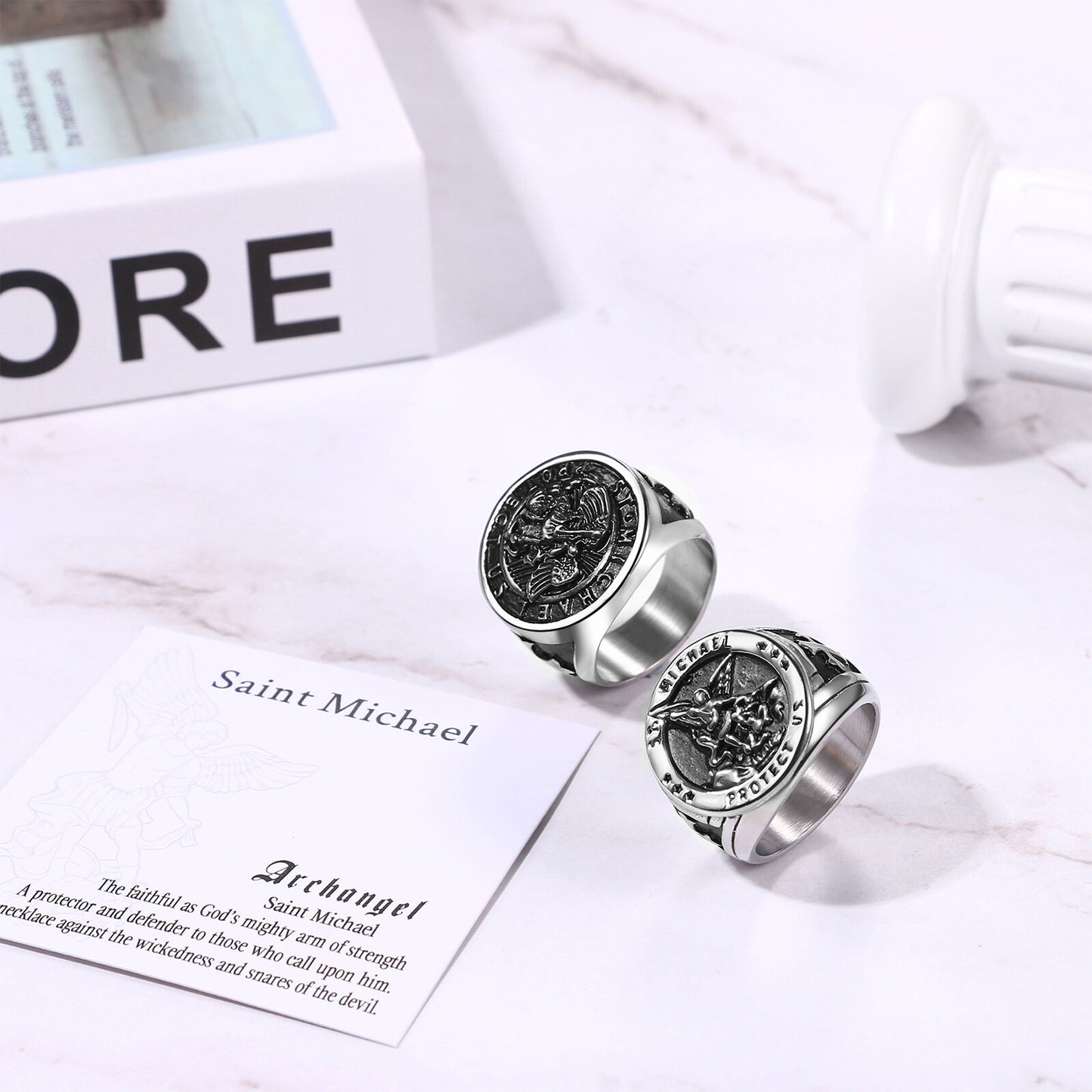 Boniskiss Michael Angel Ring for Men - Religious Amulet Signet Stainless Steel Band Ring