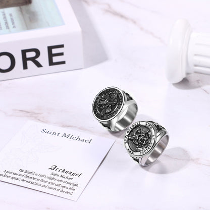 Boniskiss Michael Angel Ring for Men - Religious Amulet Signet Stainless Steel Band Ring