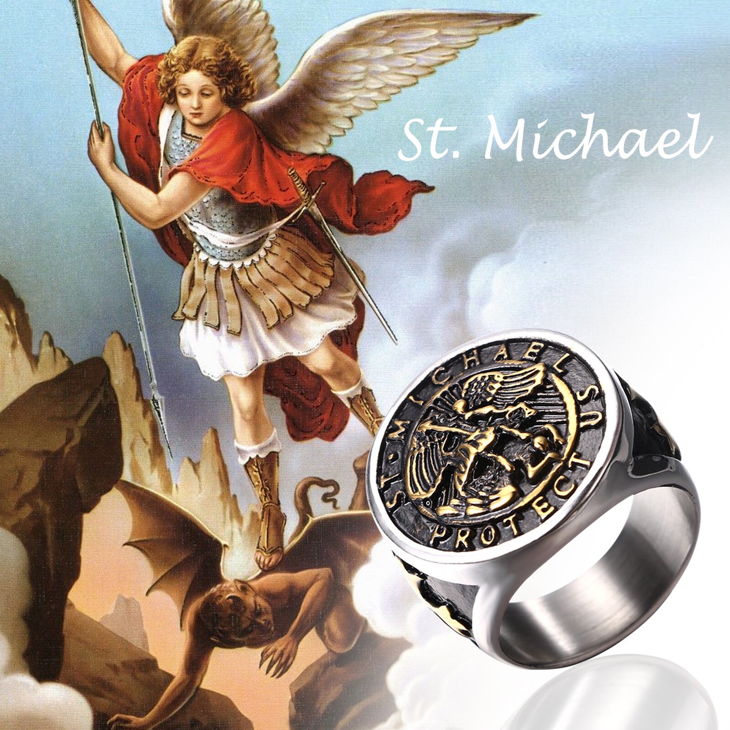 Boniskiss Michael Angel Ring for Men - Religious Amulet Signet Stainless Steel Band Ring