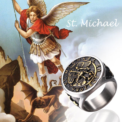 Boniskiss Michael Angel Ring for Men - Religious Amulet Signet Stainless Steel Band Ring