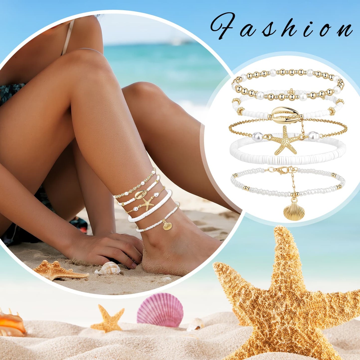 Boniskiss Bohemian Shell Anklets Set - Marine Life Anklets for Holiday Seaside Pool Party