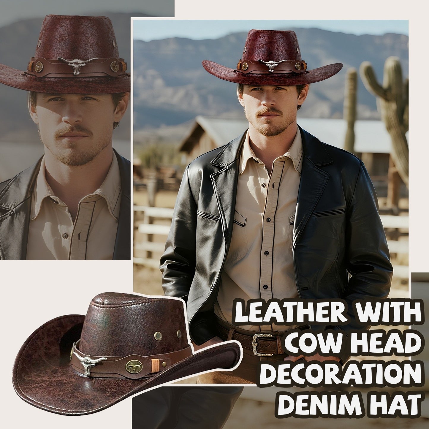 Cowboy Hat with Bull Head Decor Western Wide Brim Hat - Boniskiss