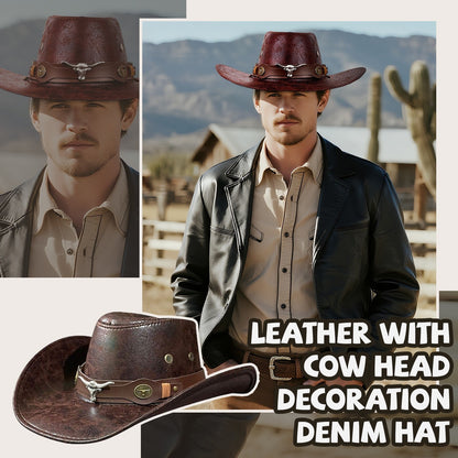 Cowboy Hat with Bull Head Decor Western Wide Brim Hat - Boniskiss