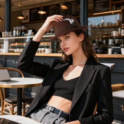 Chapeau Fedora Panama classique à bords courts avec plume - Boniskiss