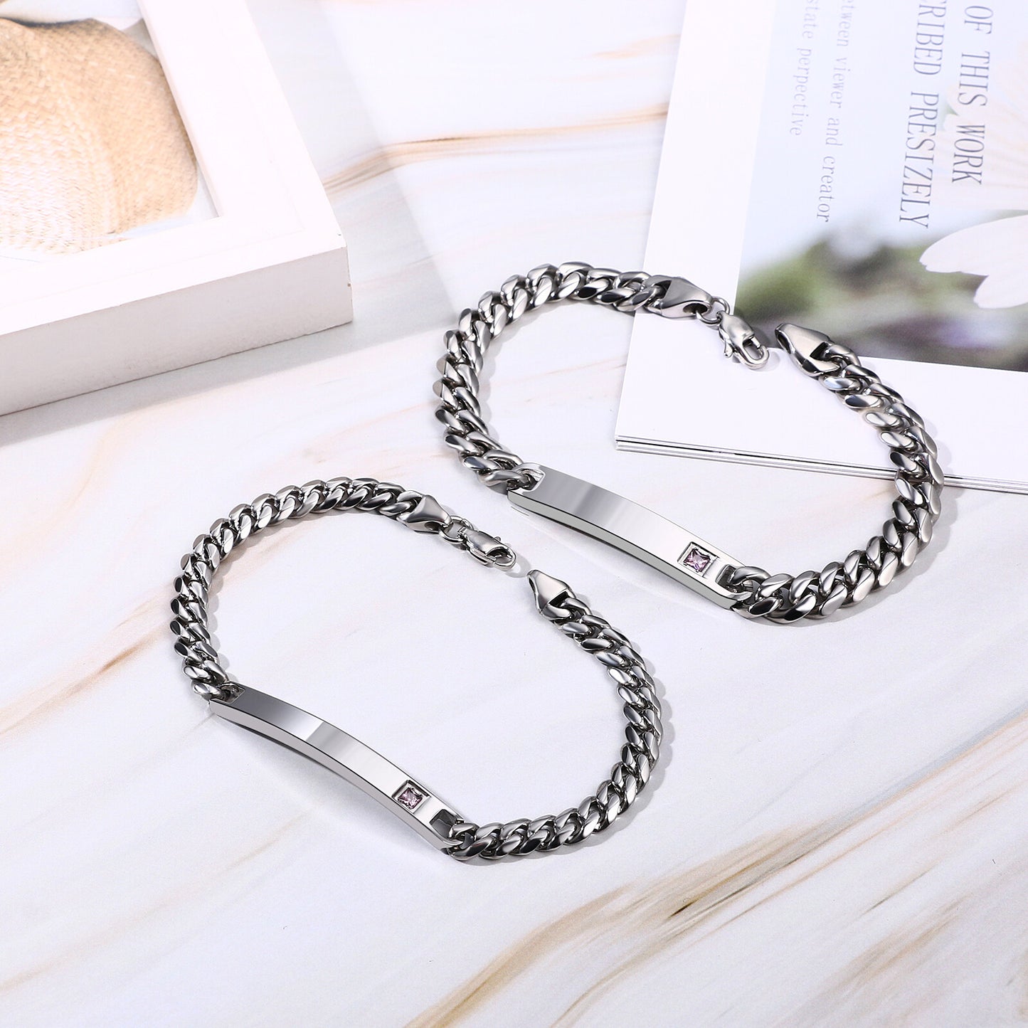 2PCs Couple's Personalized Stainless Steel Cuban Link CZ Bracelet - Boniskiss