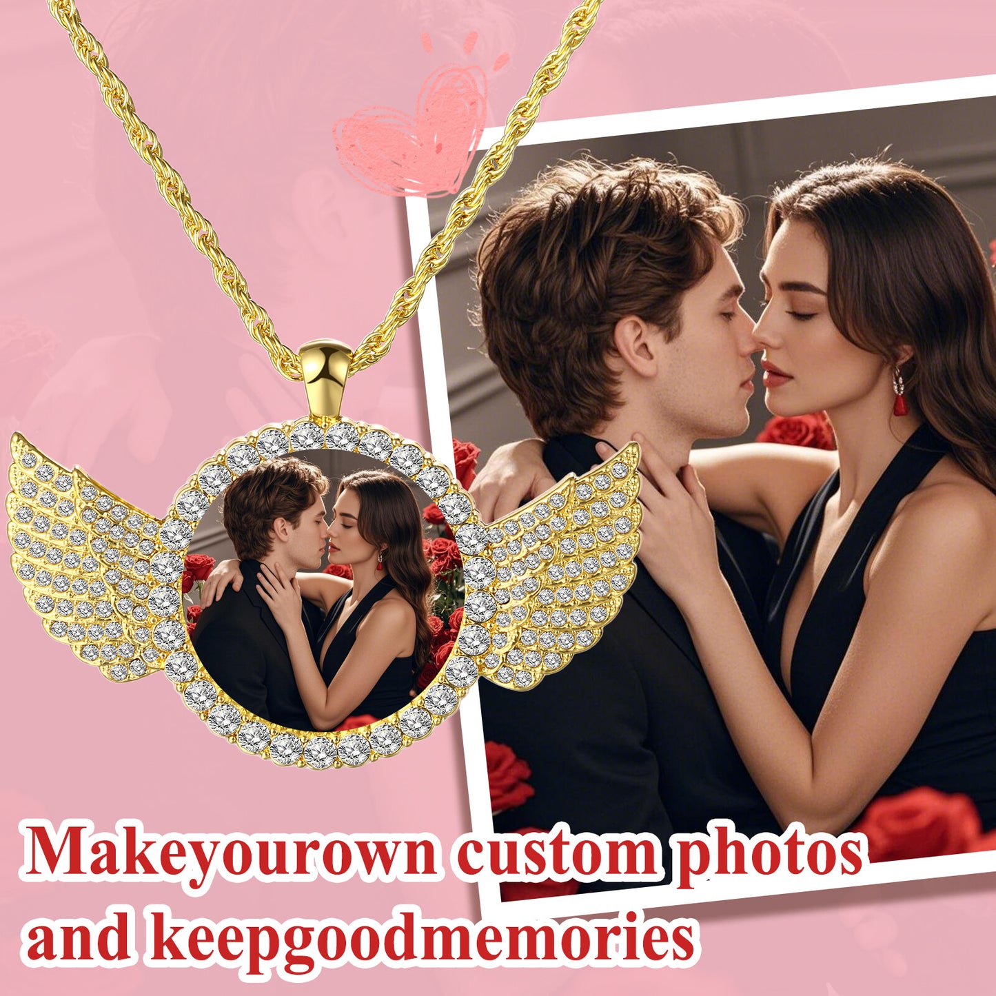 Personalized Photo Shiny CZ Angel Wings Custom Picture Chain Necklace - Boniskiss