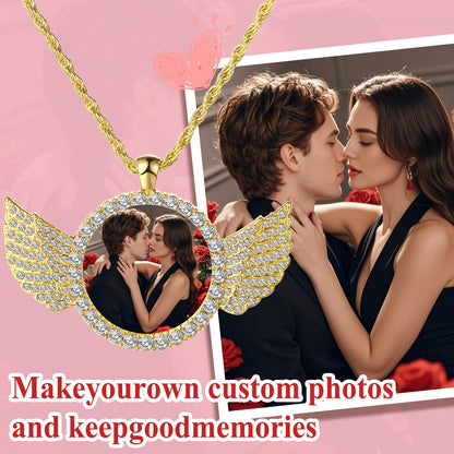 Personalized Photo Shiny CZ Angel Wings Custom Picture Chain Necklace - Boniskiss