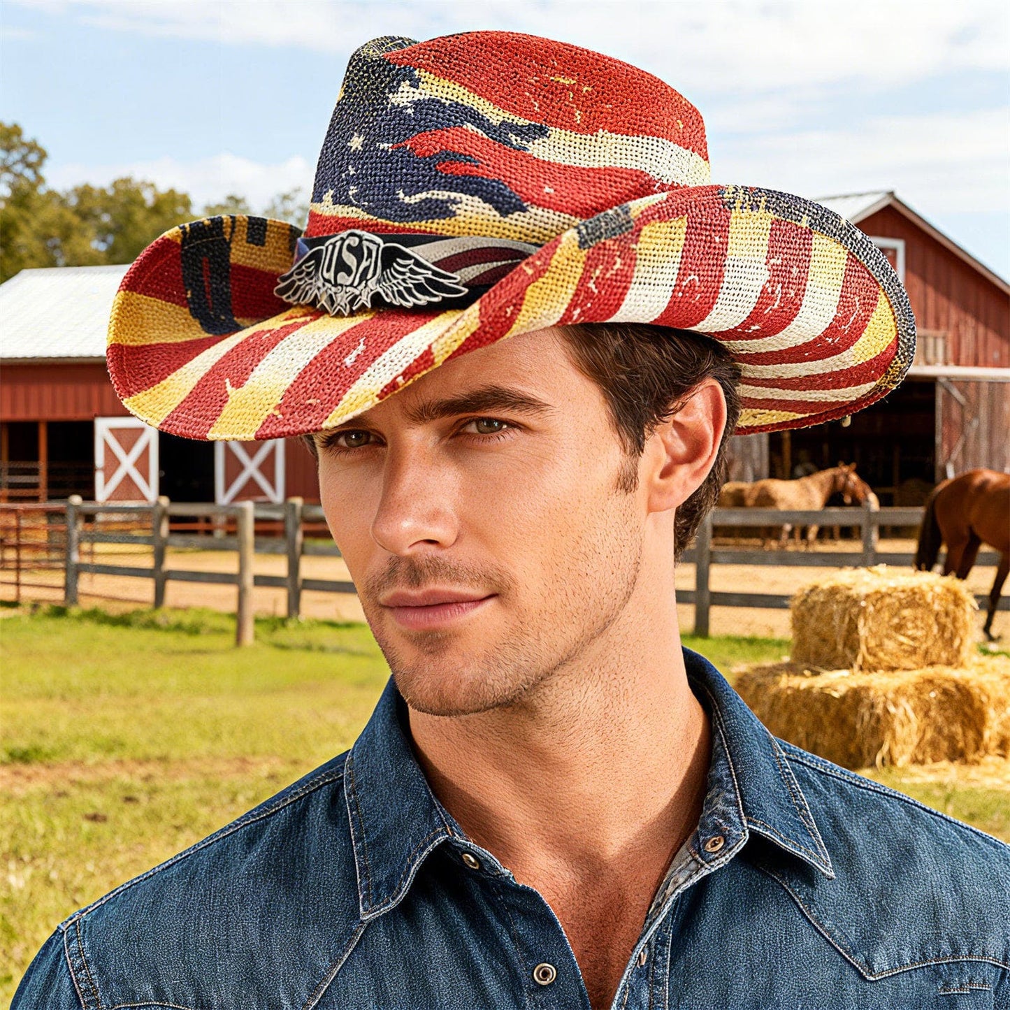 Chapeau de cowboy en paille à drapeau américain, taille ML - Boniskiss