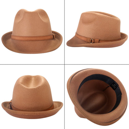 Classic Short Brim Fedora Trilby Jazz Hat with Belt - Boniskiss