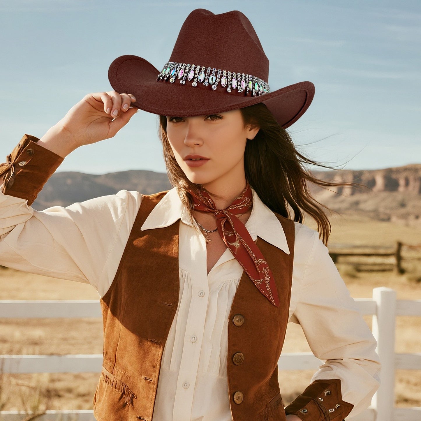 Retro Wide Brim Cowboy Hat with Rhinestone Chain Sparkly Western Hat - Boniskiss