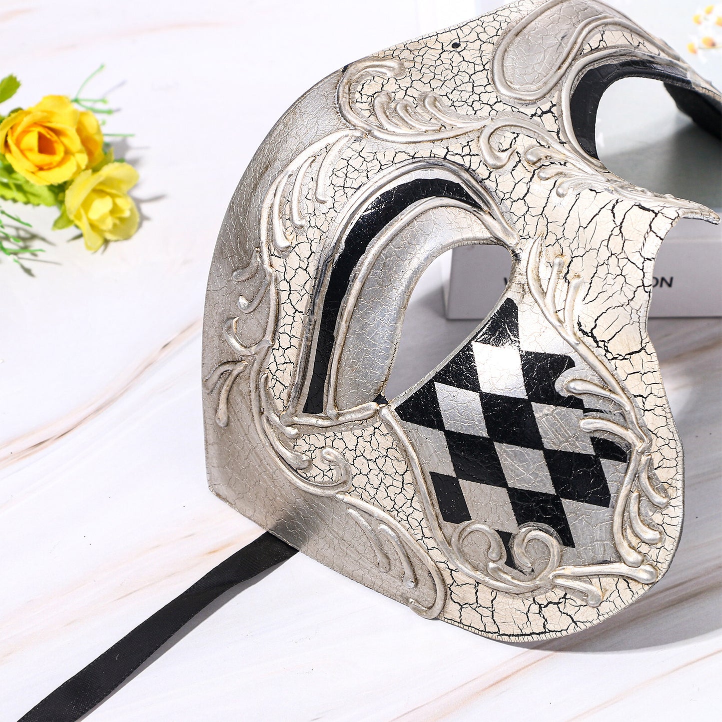 Boniskiss Men's Acanthus Checkerboard Pattern Mask - Venetian Phantom of the Opera Costume Half Face Mask for Masquerade & Ball