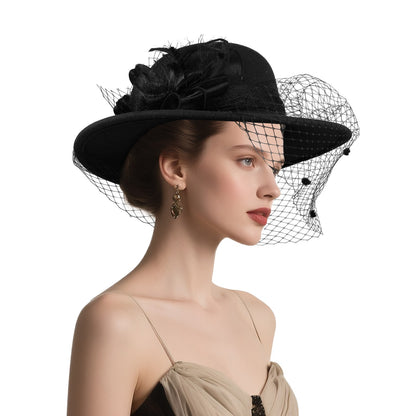 Cloche Veiled Church Felt Hat with Flower Decoration - Boniskiss