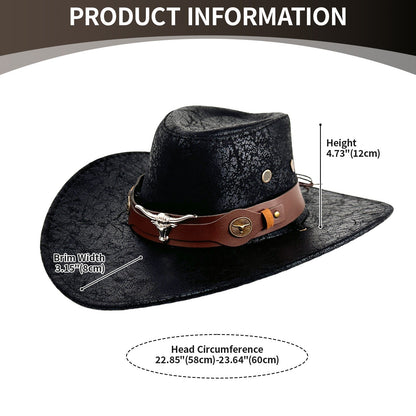 Cowboy Hat with Bull Head Decor Western Wide Brim Hat - Boniskiss