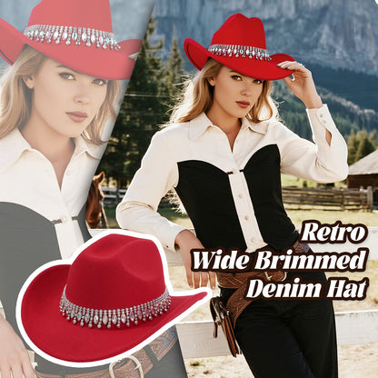 Retro Wide Brim Cowboy Hat with Rhinestone Chain Sparkly Western Hat - Boniskiss