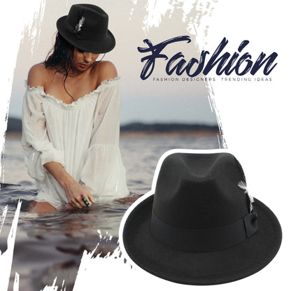 Classic Fedora Hat Short Brim Felt Feather Hat | Size M-L- Boniskiss