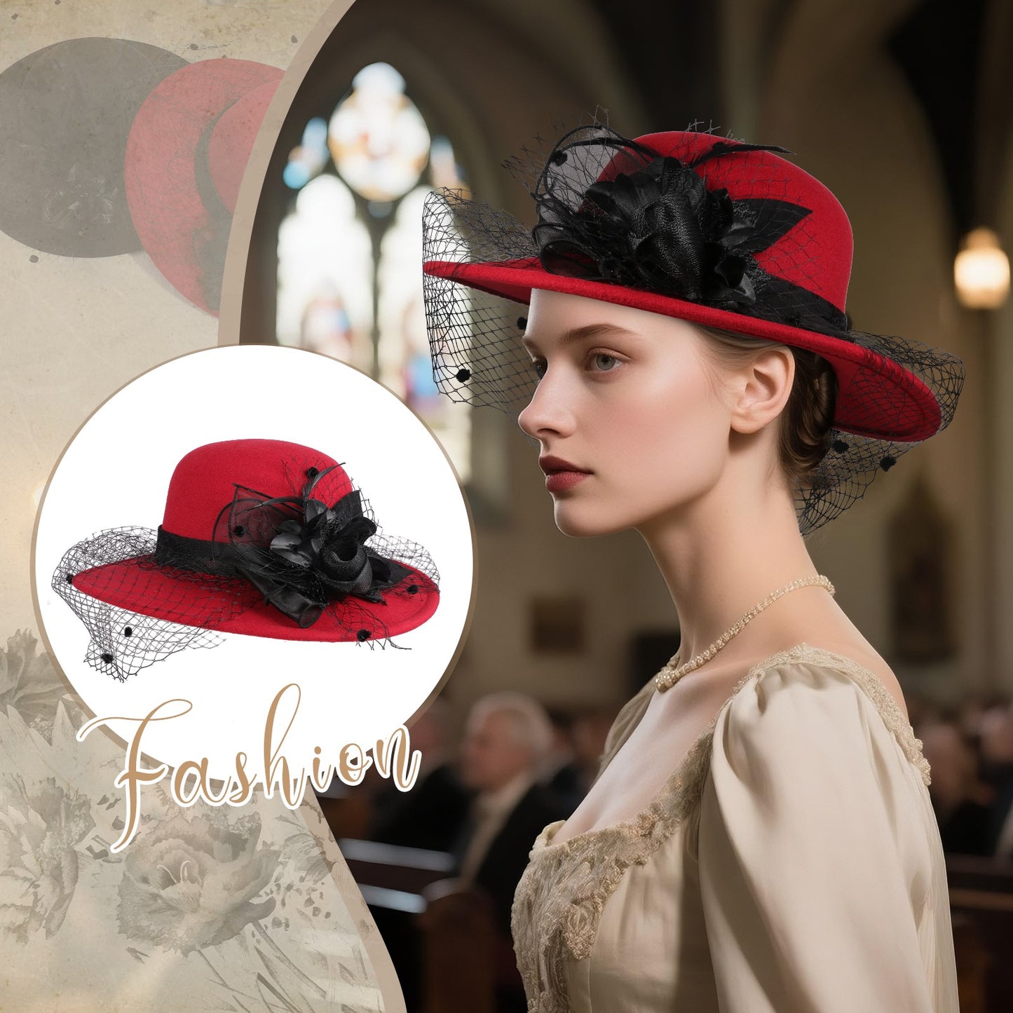 Cloche Veiled Church Felt Hat with Flower Decoration - Boniskiss