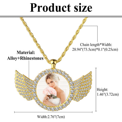 Personalized Photo Shiny CZ Angel Wings Custom Picture Chain Necklace - Boniskiss