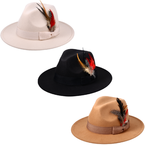 Boniskiss Bohemian Feather Fedora Hat - Wool Felt Wide Brim Trilby for Men & Women