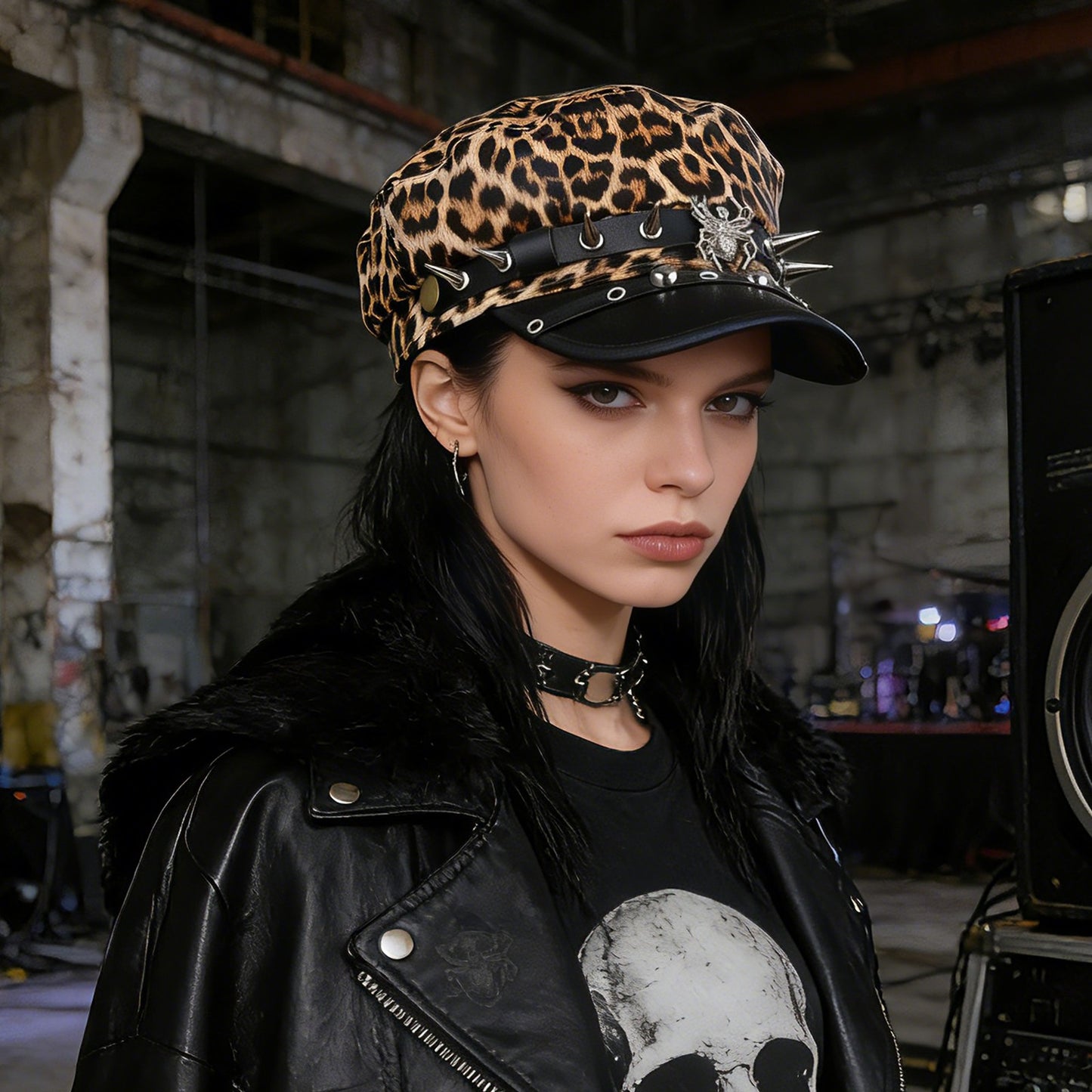 Boniskiss Punk Rivet Army Cap Spike Skull Decor Trendy Street Hat