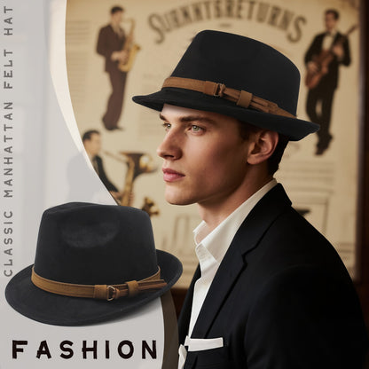 Classic Manhattan Felt Mafia Hat with Belt - Boniskiss