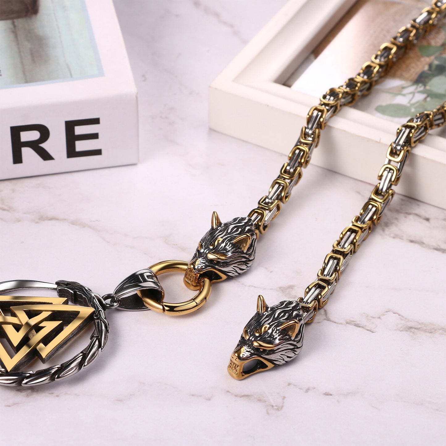 Boniskiss Men's Stainless Steel Vintage Viking Wolf Head Snake Rune Dangle Amulet Necklace