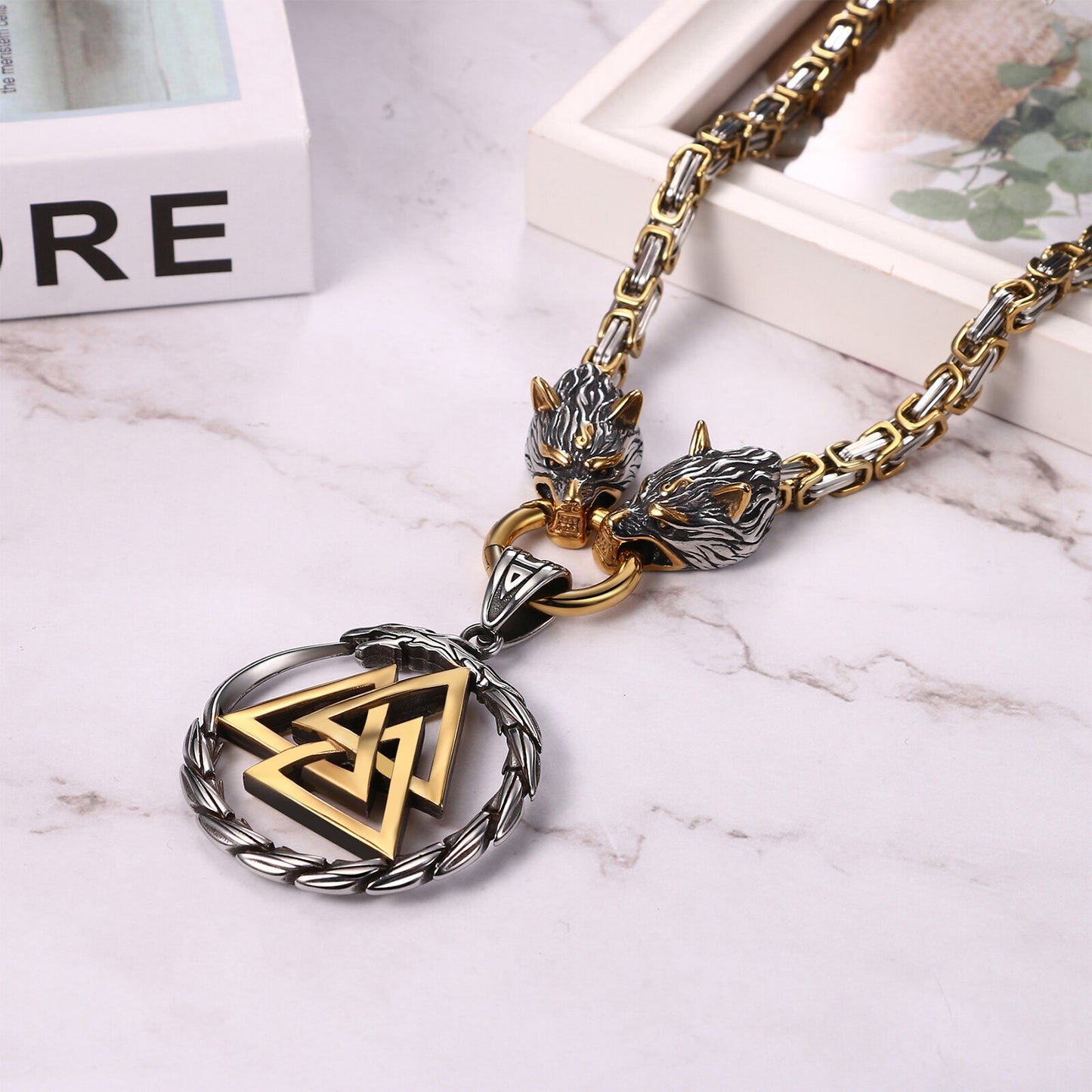 Boniskiss Men's Stainless Steel Vintage Viking Wolf Head Snake Rune Dangle Amulet Necklace