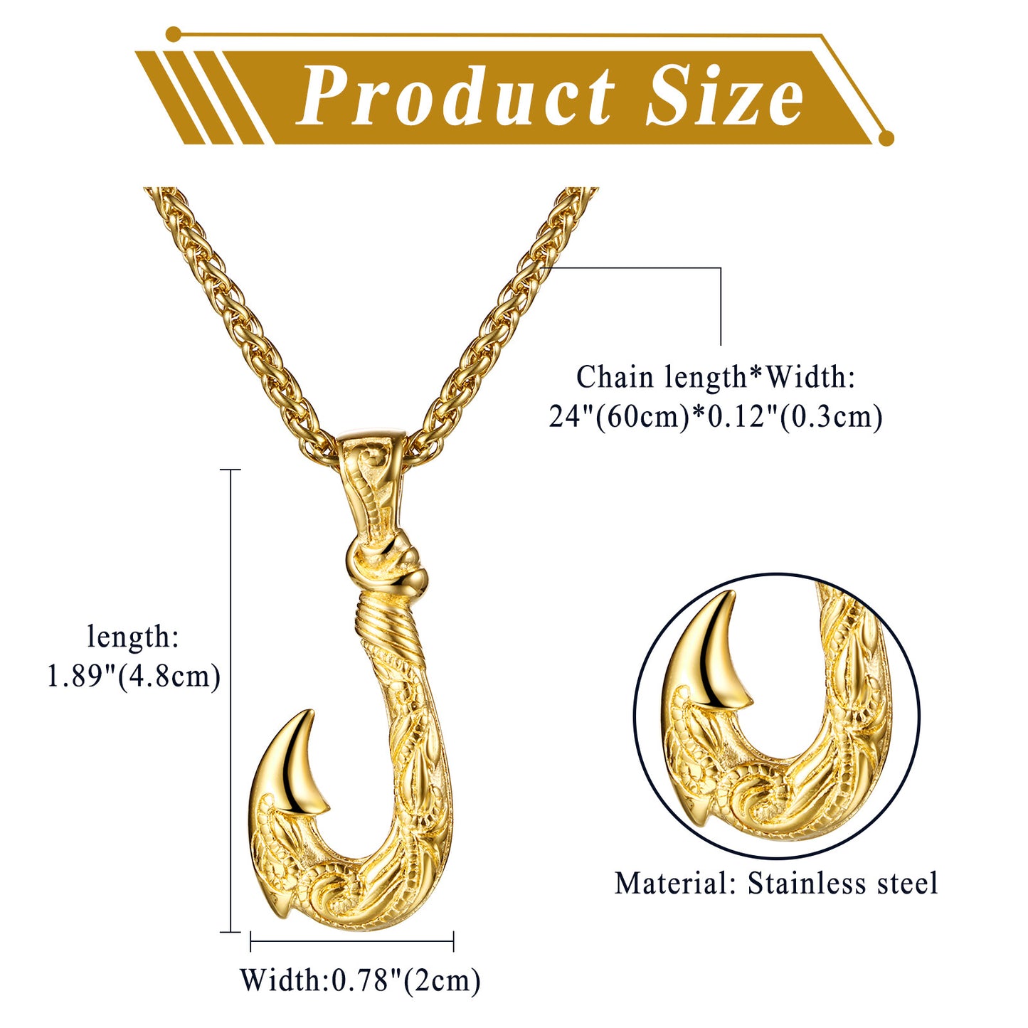 Boniskiss Men's Stainless Steel Lucky Fish Hook 3D Wave Pattern Casting Dangle Necklace Gift