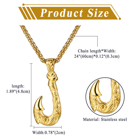 Boniskiss Men's Stainless Steel Lucky Fish Hook 3D Wave Pattern Casting Dangle Necklace Gift