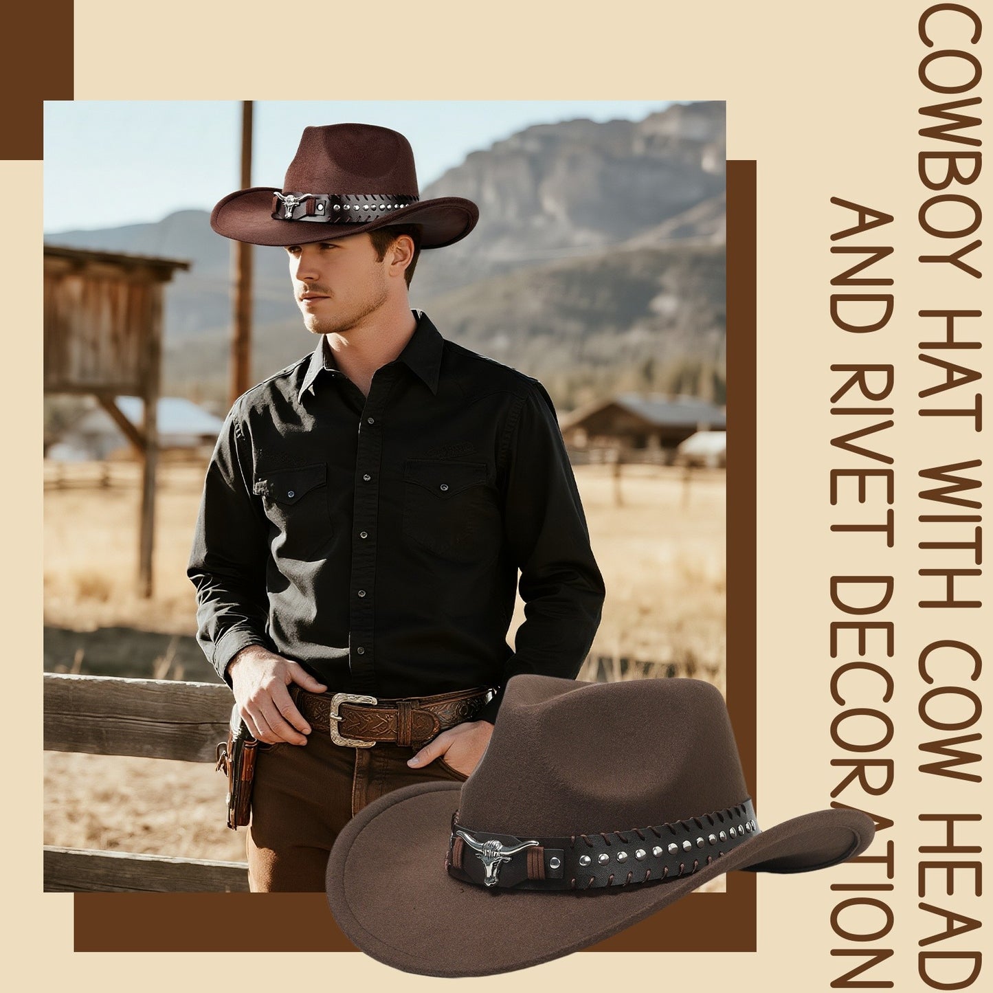 Cowboy Hat with Bull Head Rivet Belt Decoration - Boniskiss