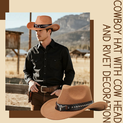 Cowboy Hat with Bull Head Rivet Belt Decoration - Boniskiss