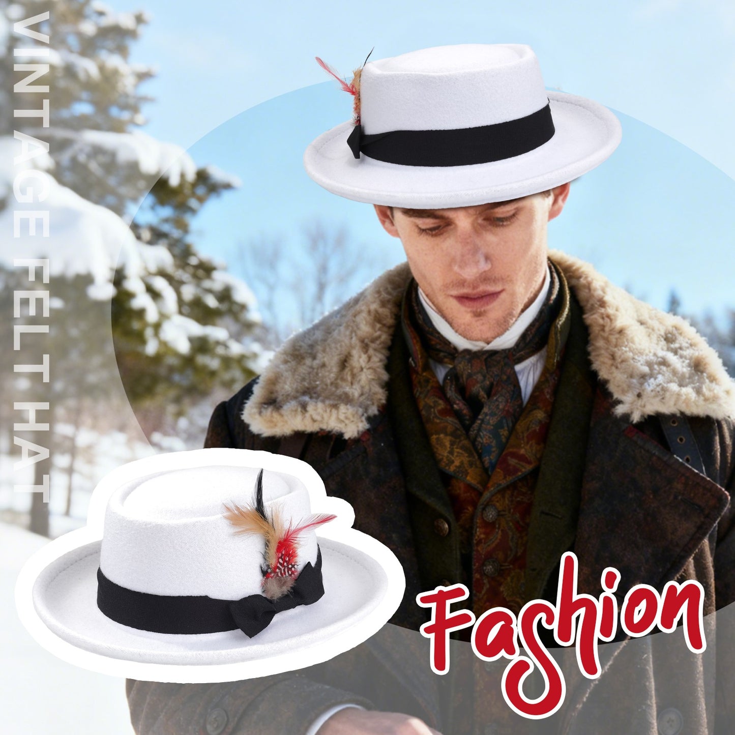 Boniskiss Unisex Classic Feather Vegan Felt Boater Fedora Hat
