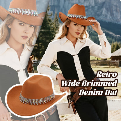 Retro Wide Brim Cowboy Hat with Rhinestone Chain Sparkly Western Hat - Boniskiss